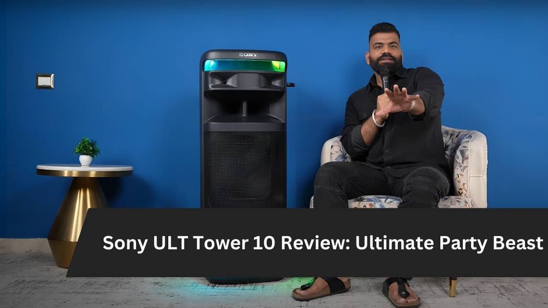 Sony ULT Tower 10 speaker at a lively party with people dancing and colorful lights flashing