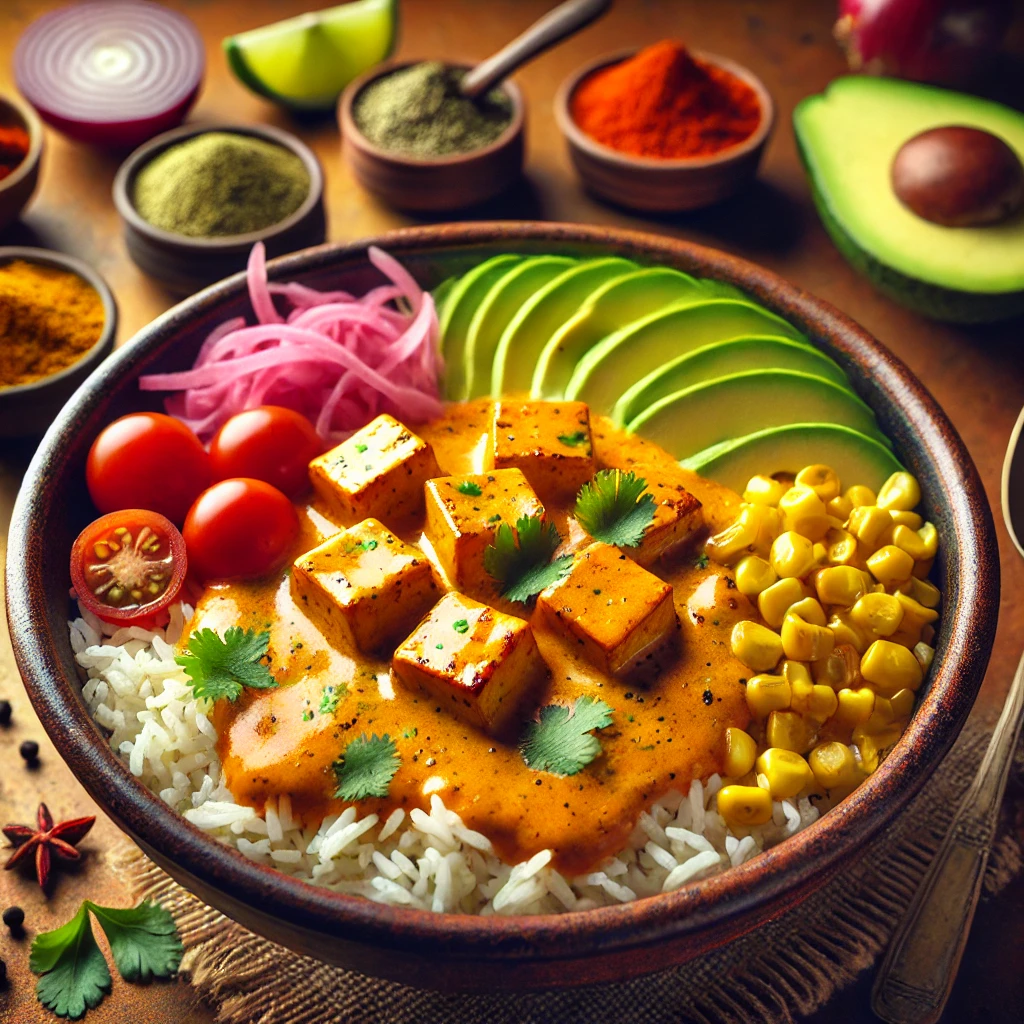 A colorful Butter Paneer Burrito Bowl filled with paneer rice avocado and fresh vegetables